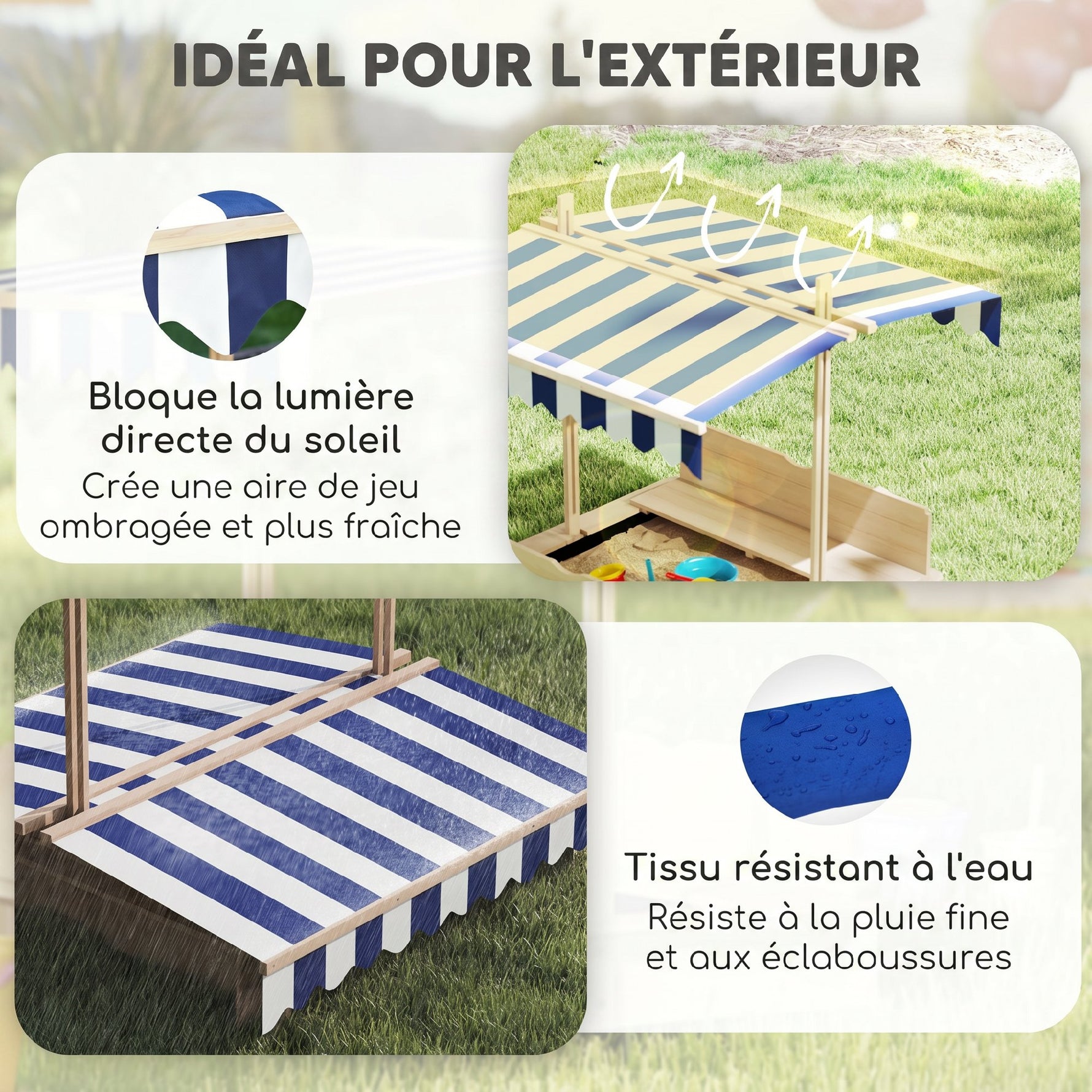 Bac à sable carré en bois pour enfants dim. 106L x 106l cm avec bancs et couvercle - auvent réglable