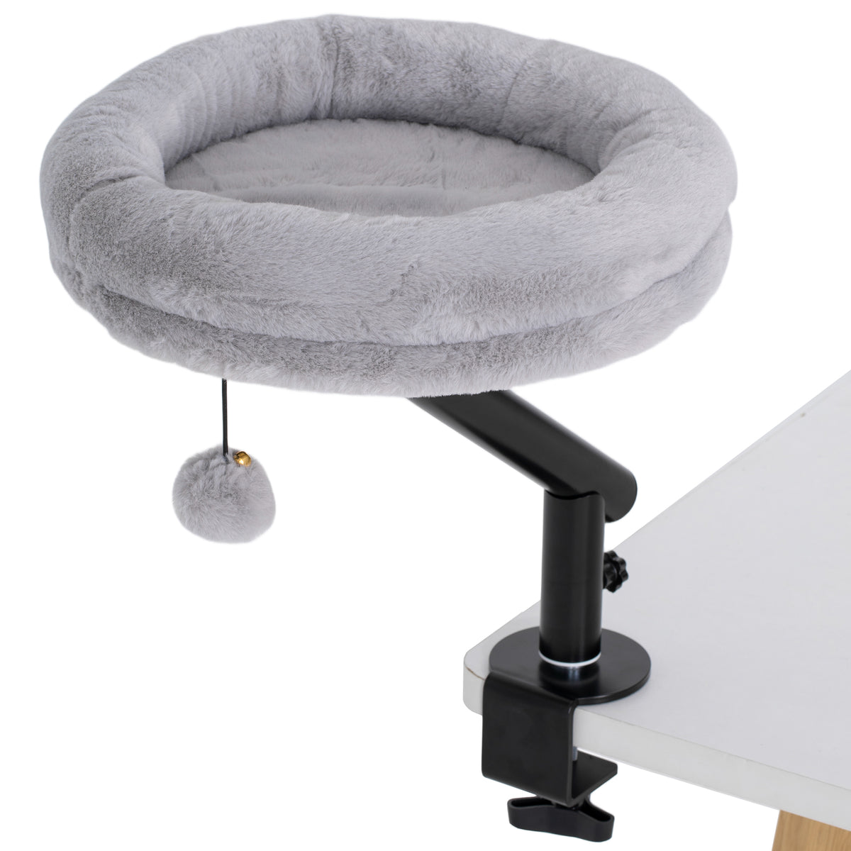 Kantoorbed voor katten, 360° draaibaar en in hoogte verstelbaar, wasbaar kattenbed met speelbal, 35x35x48 cm, grijs