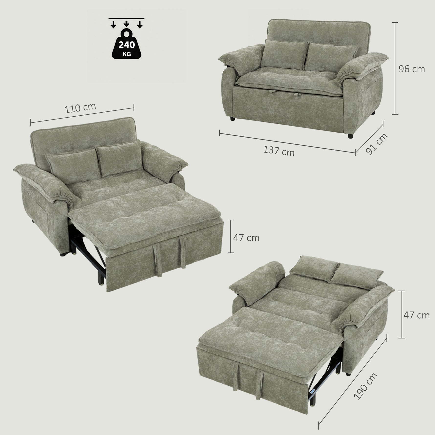 Canapé Convertible 2 Places, Canapé-Lit 3 en 1 Velours 137 cm, Dossier Réglable, Assise Large, 2 Oreillers, Vert