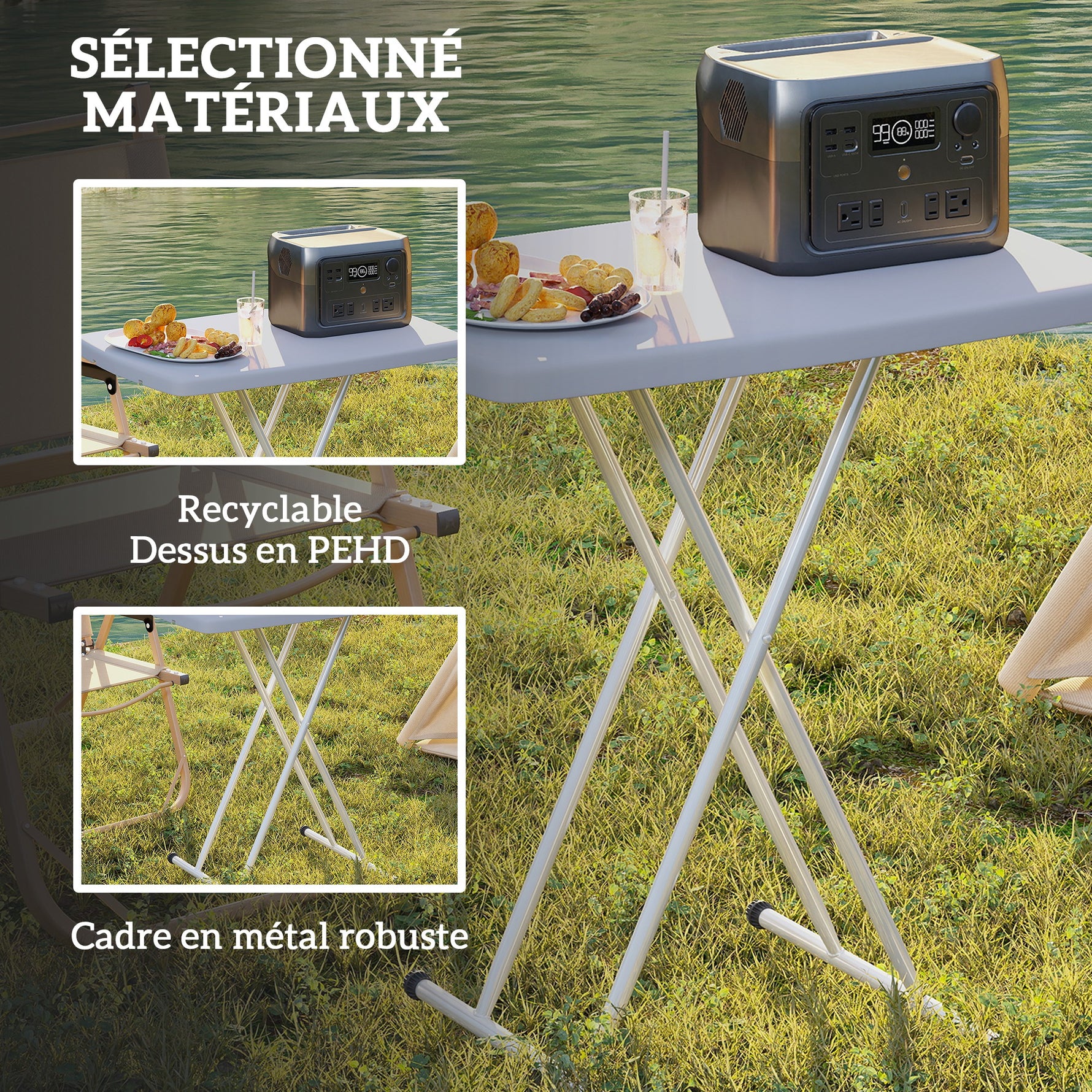 Table d'appoint pliable en HDPE table pliante hauteur réglable sur 6 niveaux pour patios jardins 76 x 50 x 74 cm gris