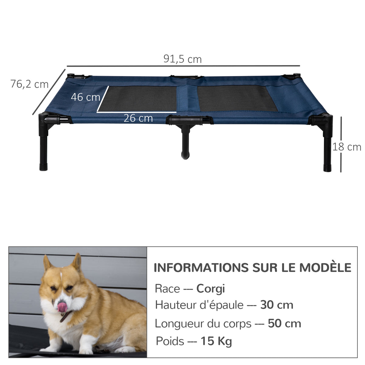 Cuccia rialzata XXL per cane gatto brandina per animali 92L x 76p x 18A cm blu navy
