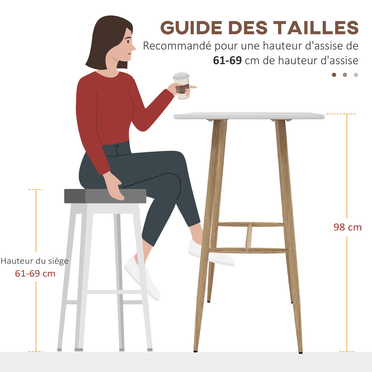 Table de bar rectangulaire 4 personne pieds en acier effet bois assemblage facile 118 x 58 x 98 cm blanc
