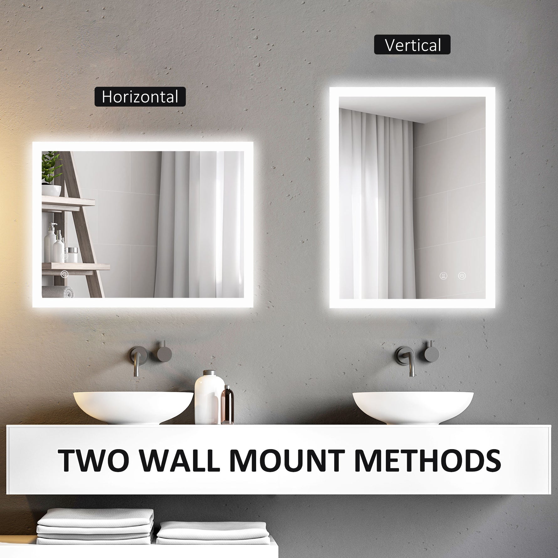 Miroir mural lumineux LED de salle de bain 80 x 60 cm 3 couleurs luminosité réglable interrupteur tactile transparent