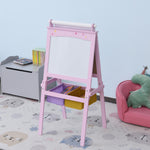 3-in-1 Kindertafel – Kinderstaffelei – doppelseitige Tafel – Whiteboard und Kreidetafel – Papierrolle mit Zubehör + integrierte Aufbewahrungskörbe – MDF, Rosa