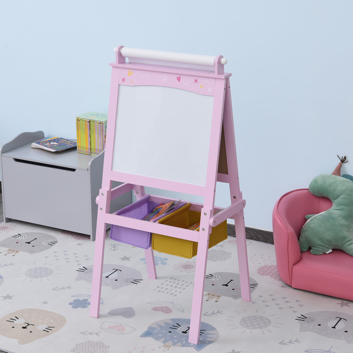 3-in-1 Kindertafel – Kinderstaffelei – doppelseitige Tafel – Whiteboard und Kreidetafel – Papierrolle mit Zubehör + integrierte Aufbewahrungskörbe – MDF, Rosa