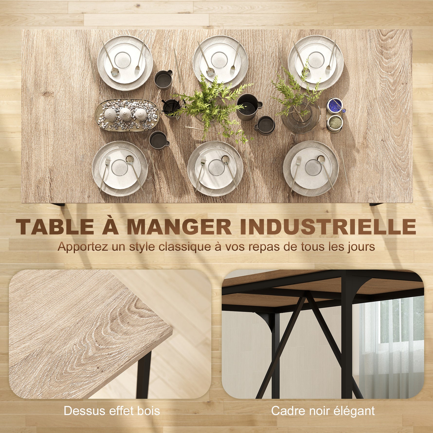 Table à manger rectangulaire pour 6-8 personnes table de cuisine style industriel 180 x 80 x 75,5 cm effet bois naturel