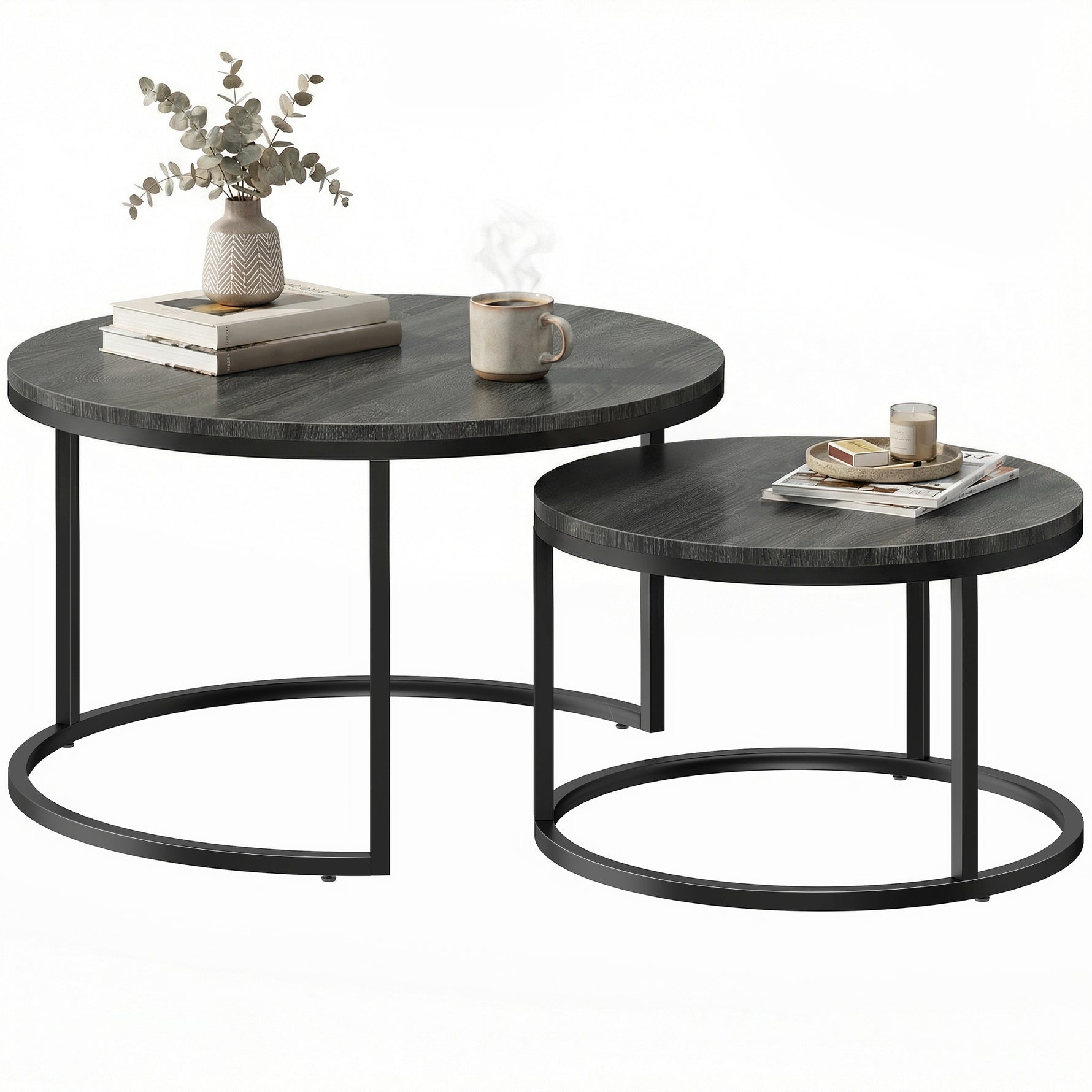 Lot de 2 tables basses gigognes empilable design industriel pieds en métal noir