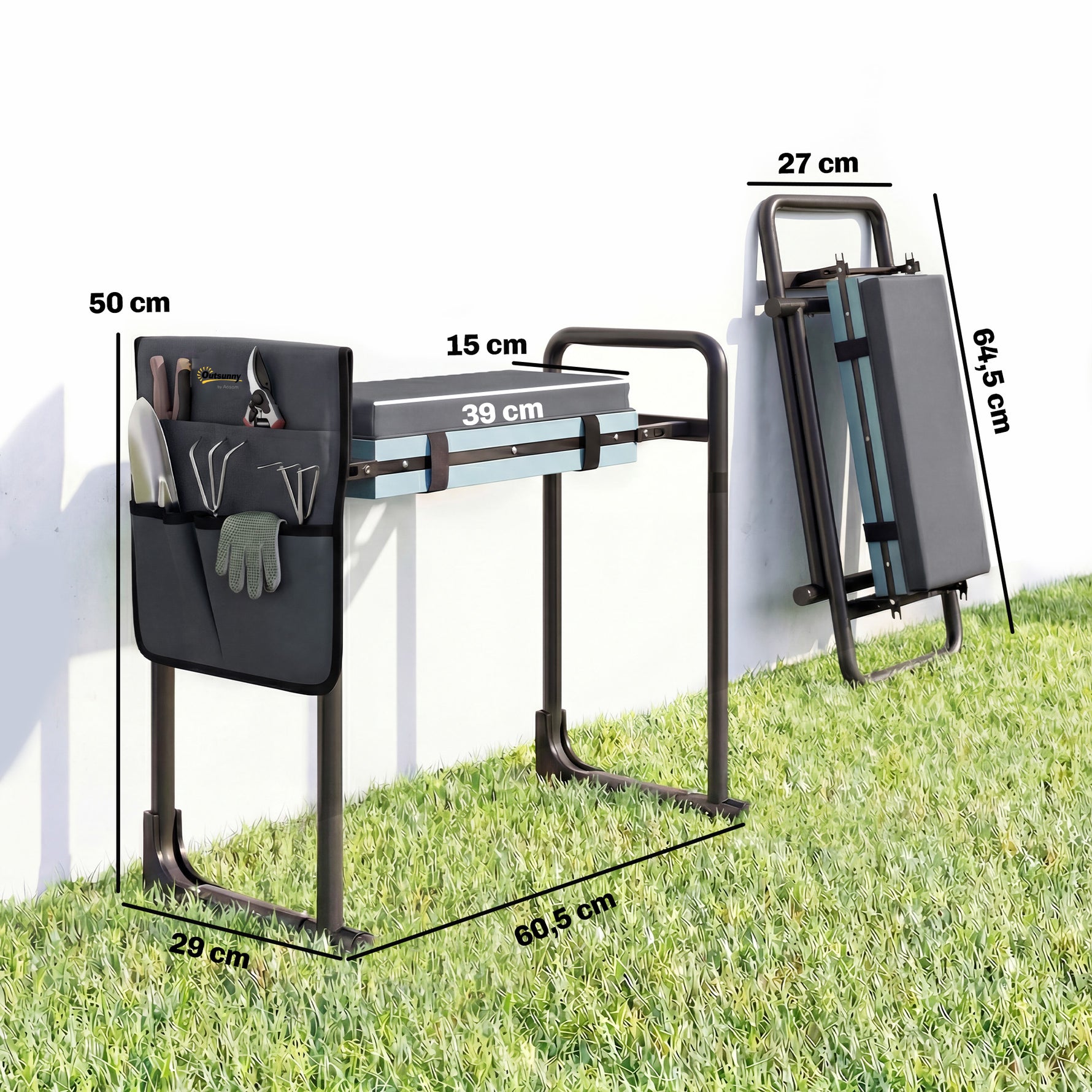 Tabouret de jardin pliable agenouilloir de jardin avec coussin rembourré en mousse EVA, poches à outils, gris foncé