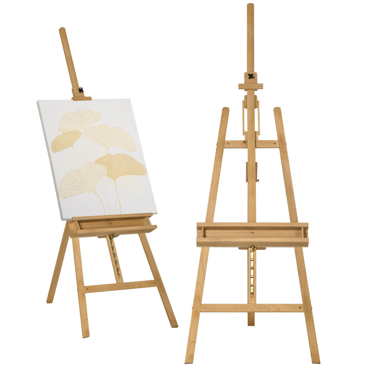 Klappbare Malerstaffelei aus Buchenholz mit verstellbarer Höhe und Neigung, 65x110x180-235 cm, naturholzfarben