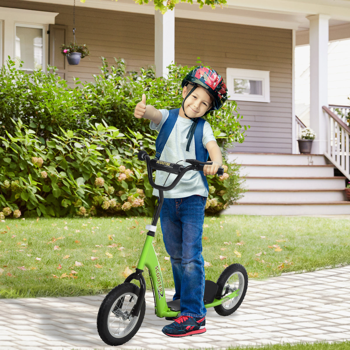 Trottinette patinette Enfants à partir de 5 Ans Grandes Roues Guidon réglable poignée Frein et béquille Acier Vert