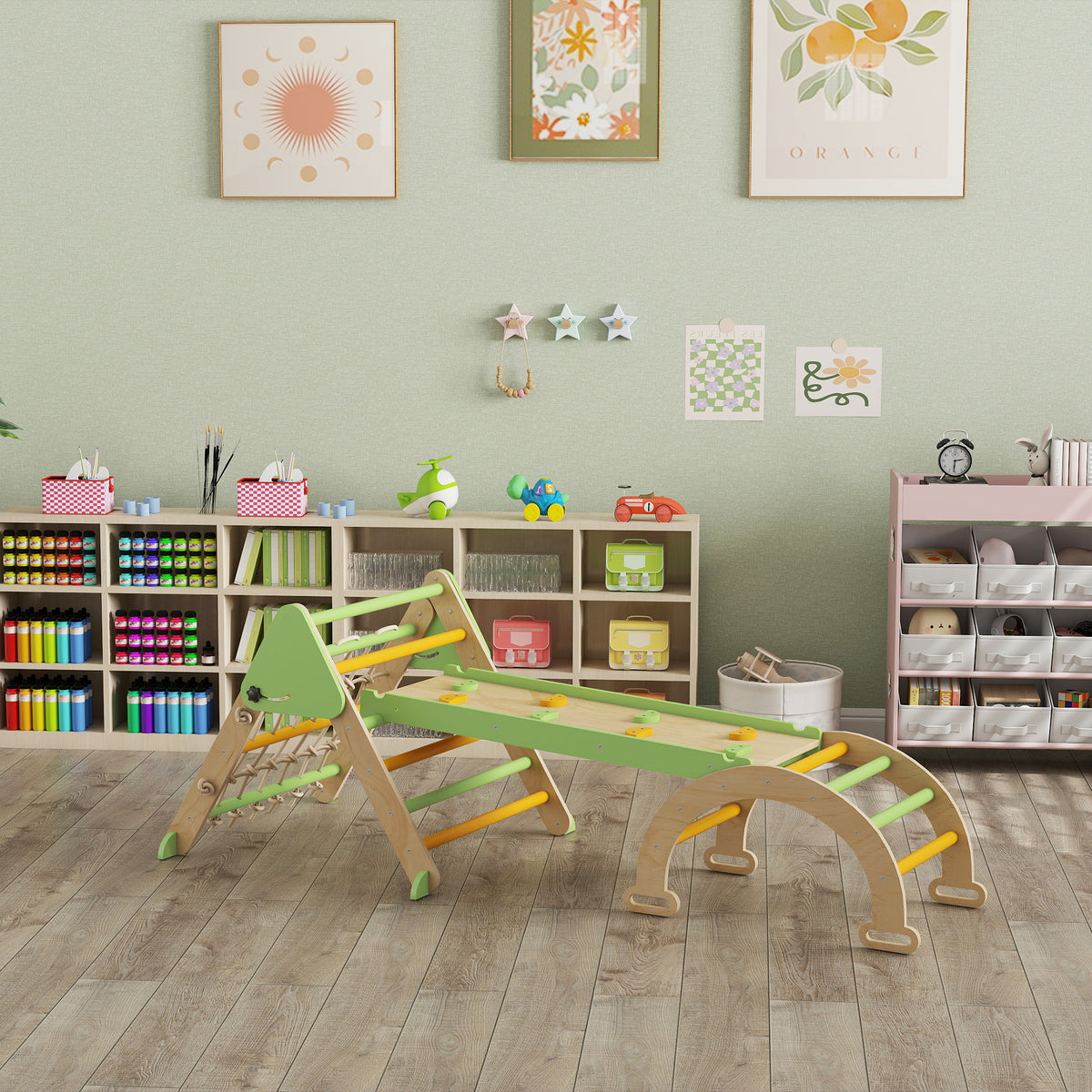 Triangle d'escalade enfants 8 en 1 avec rampe double face, arc d'escalade en bois avec toboggan & échelle, vert