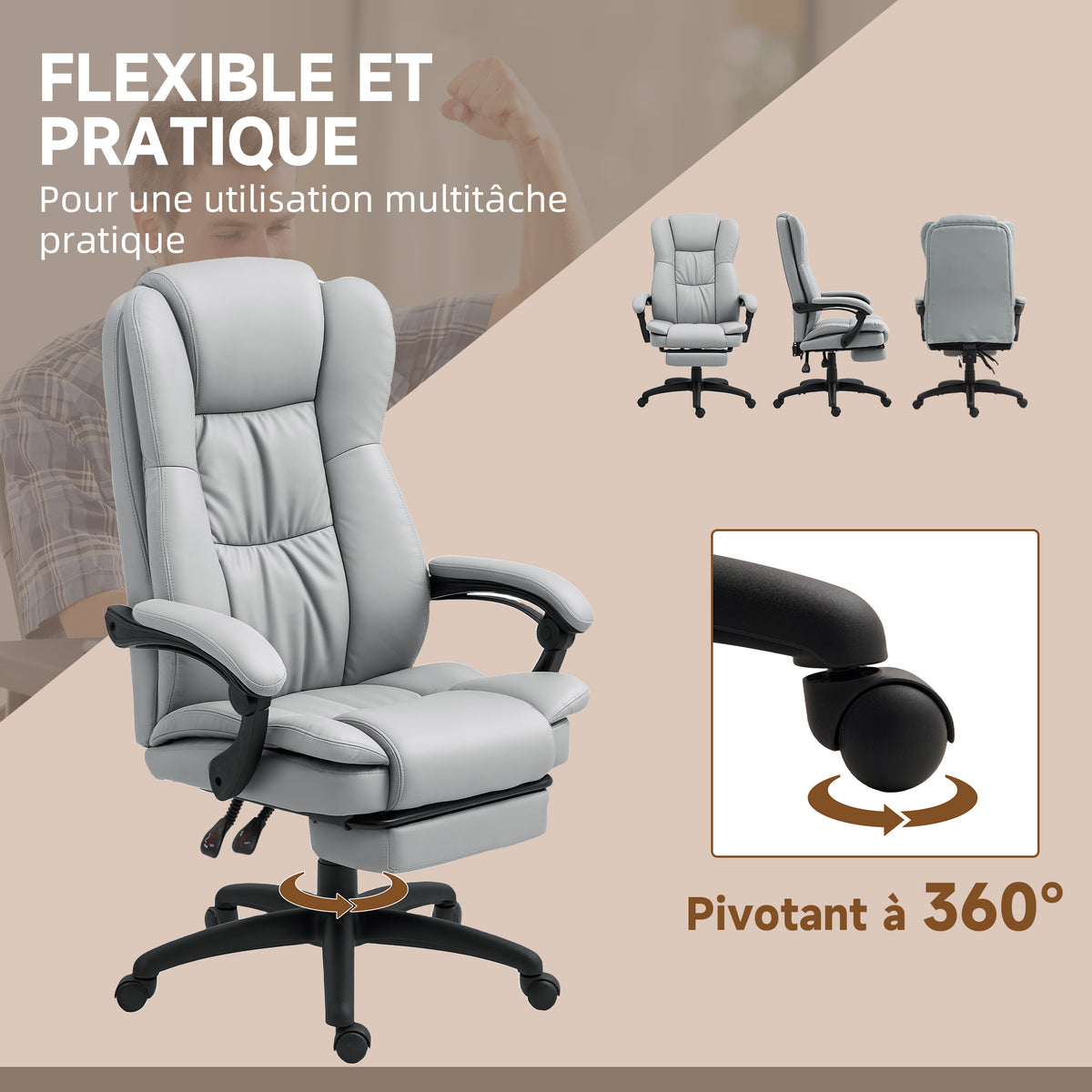 Fauteuil de bureau massant, chaise de bureau avec hauteur réglable, dossier inclinable et télécommande filaire, gris