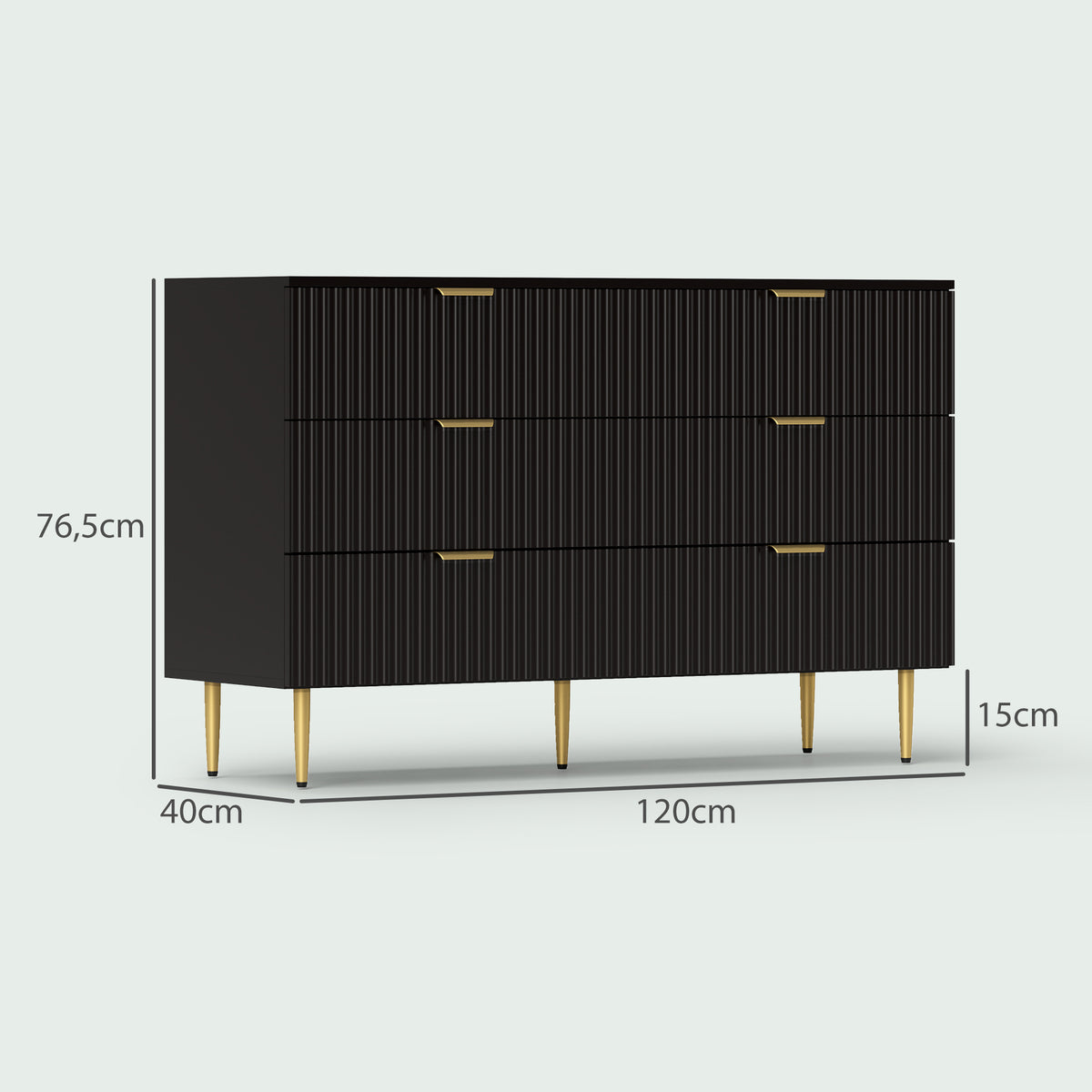Commode 6 tiroirs commode chambre meuble de rangement moderne avec poignées et pieds dorés, 120 x 40 x 76,5 cm, noir