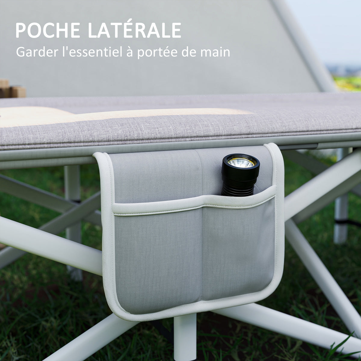 Cama de camping plegable con colchón, tumbona, silla reclinable y bolsa de almacenamiento integrada, dim. 185L x 65l x 37H cm, gris