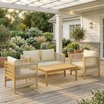 Salon de Jardin Ensemble de Mobilier 4 Pièces en Bois d'Acacia Coussins Déhoussables et Corde Tressée Naturel