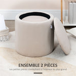Lot de 2 poufs tabourets repose-pieds coffre de rangement en tissu aspect velours côtelé Ø40 cm et Ø30 cm, crème