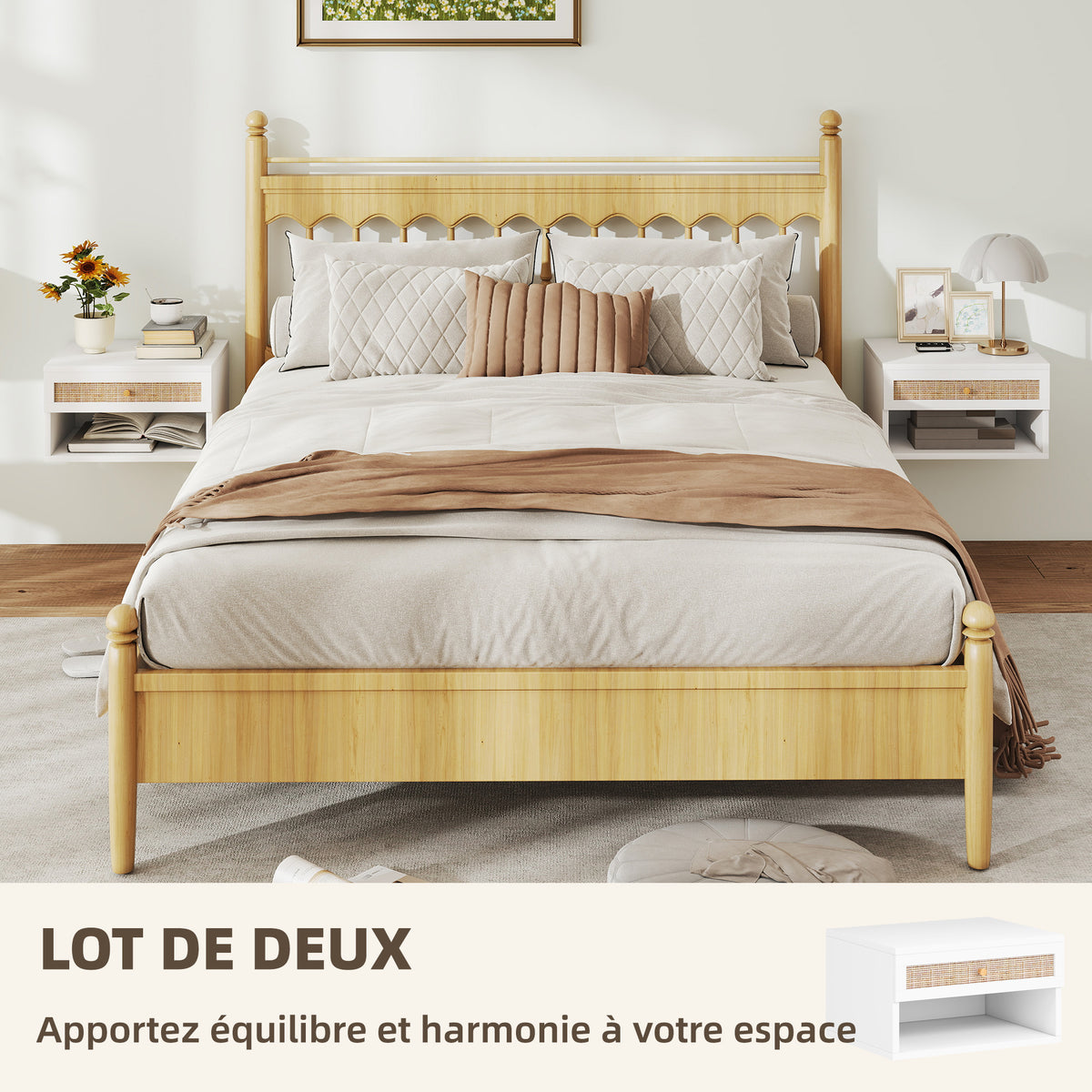 Lot de 2 tables de chevet murales tiroir coulissant, niche, plateau - en bois dim. 40L x 34l x 23H cm