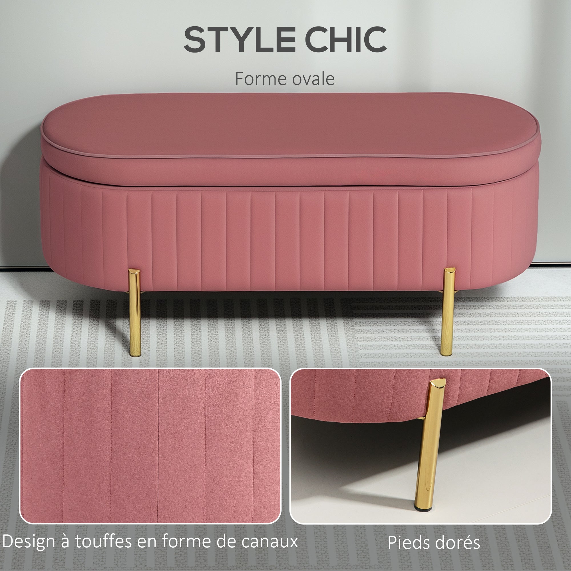 Banc de rangement, bout de lit en velours avec couvercle, pieds en métal, capacité 72 L, 108x44x43,5cm, rose