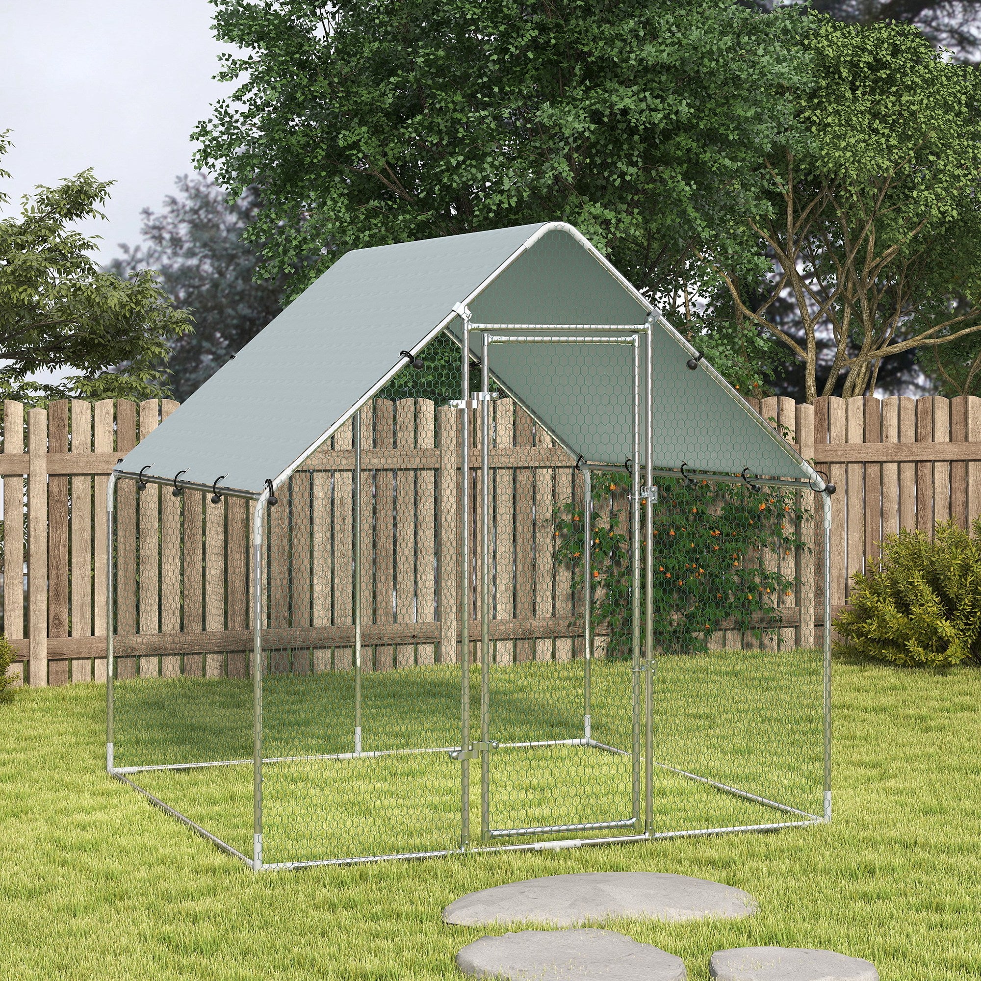Enclos poulailler extérieur 4 m², parc grillagé - acier galvanisé Ø19mm - bâche Oxford 420D anti-UV 200x200x200cm argent