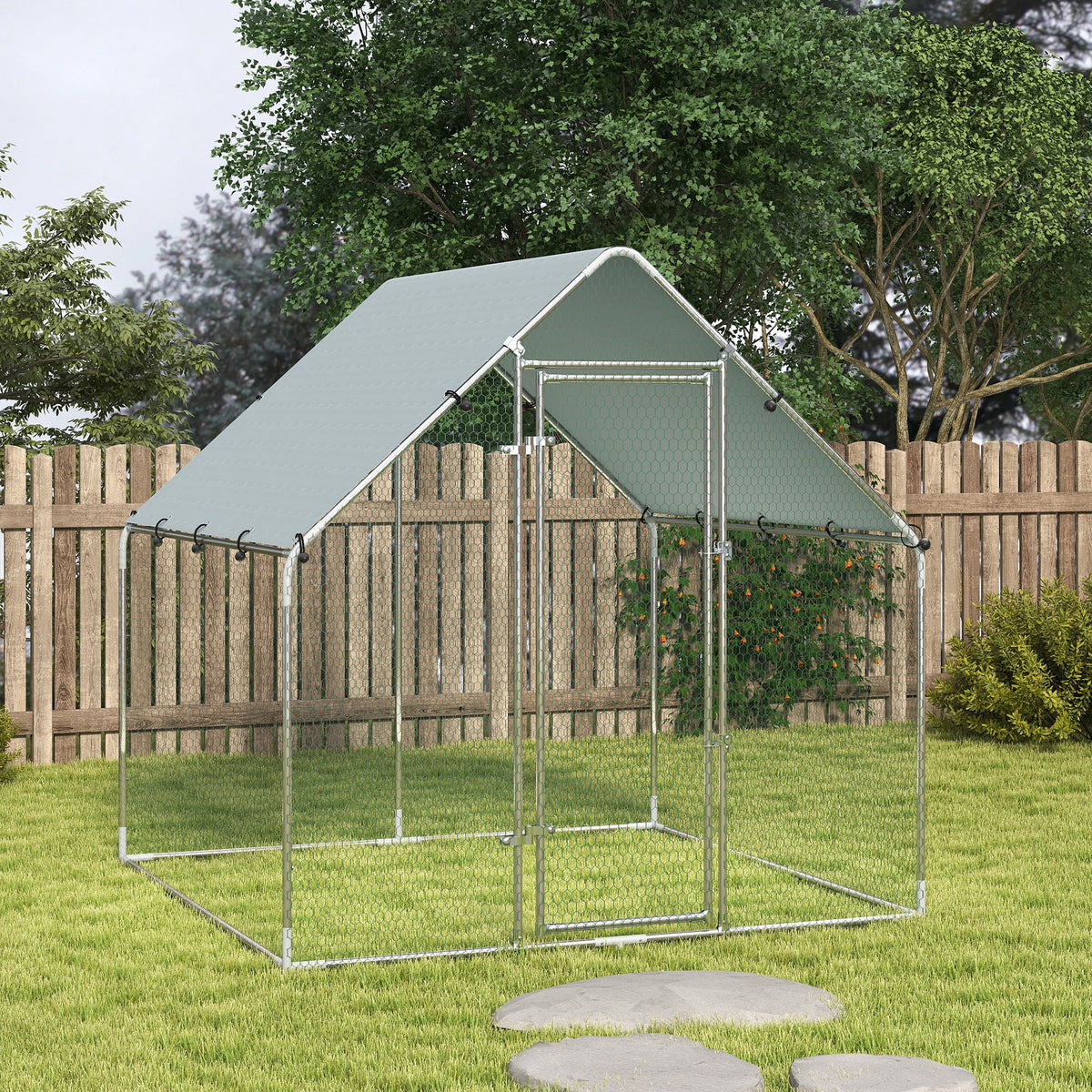 Enclos poulailler extérieur 4 m², parc grillagé - acier galvanisé Ø19mm - bâche Oxford 420D anti-UV 200x200x200cm argent