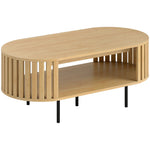 Table basse ovale, table de salon avec rangement, coins arrondis, design lattes, 100 x 50 x 40 cm, effet bois naturel