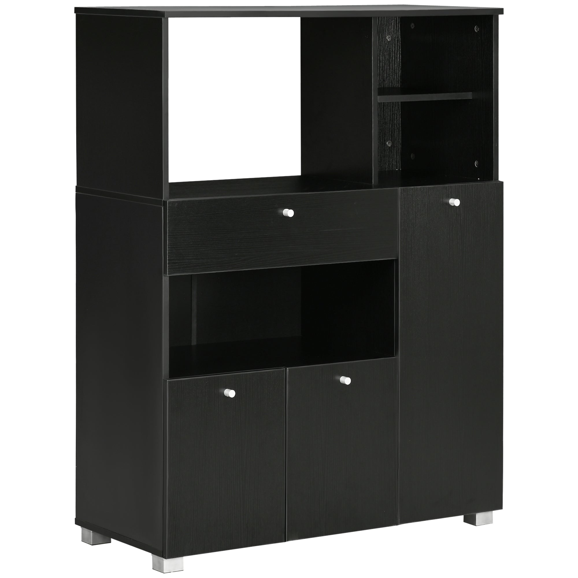 Mueble para microondas con almacenamiento múltiple, 2 armarios, 4 nichos, cajón deslizante, dim. 90L x 40an x 120Al cm, madera negra