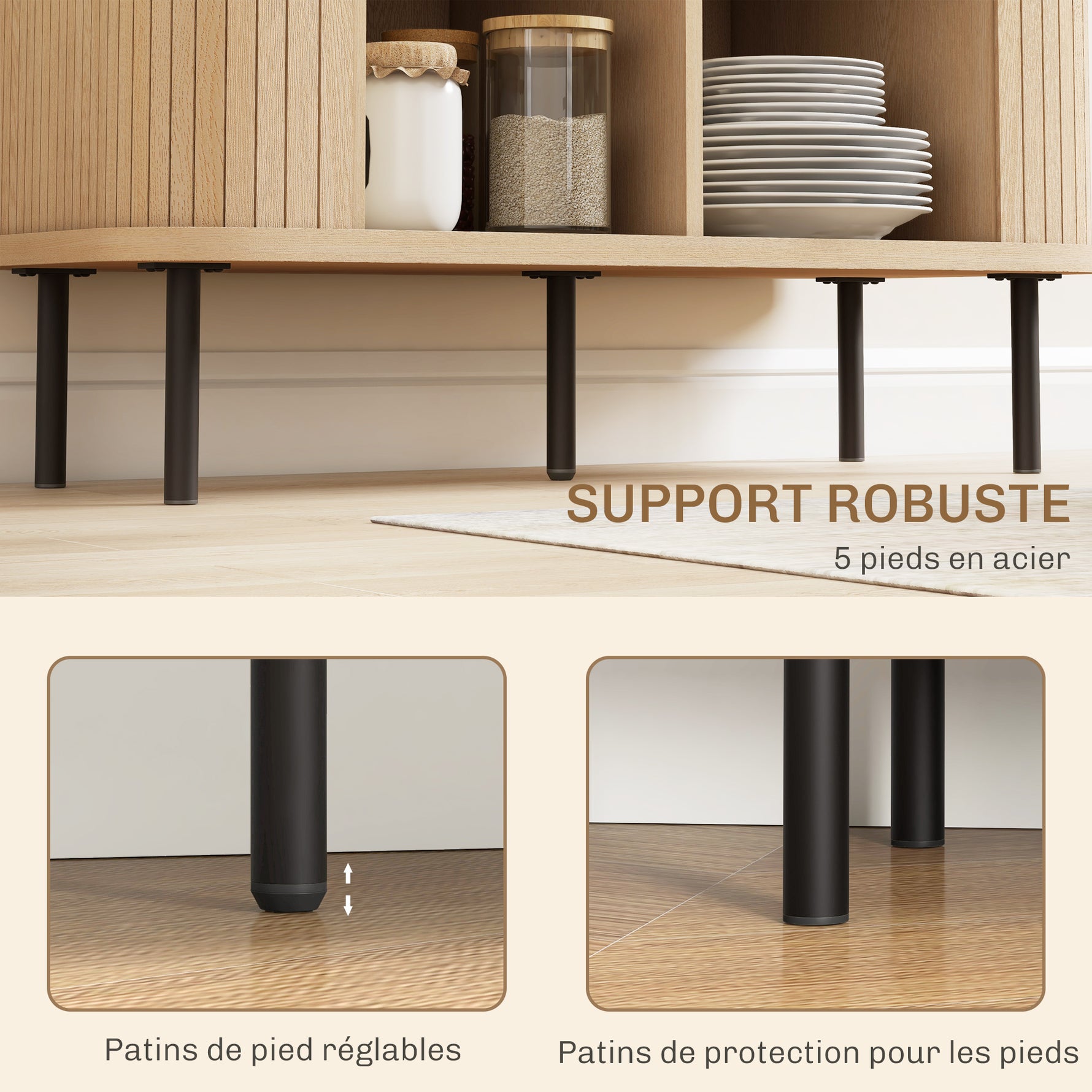 Buffet meuble de rangement avec portes coulissantes à lattes, armoire de cuisine avec pieds en acier, ton chêne