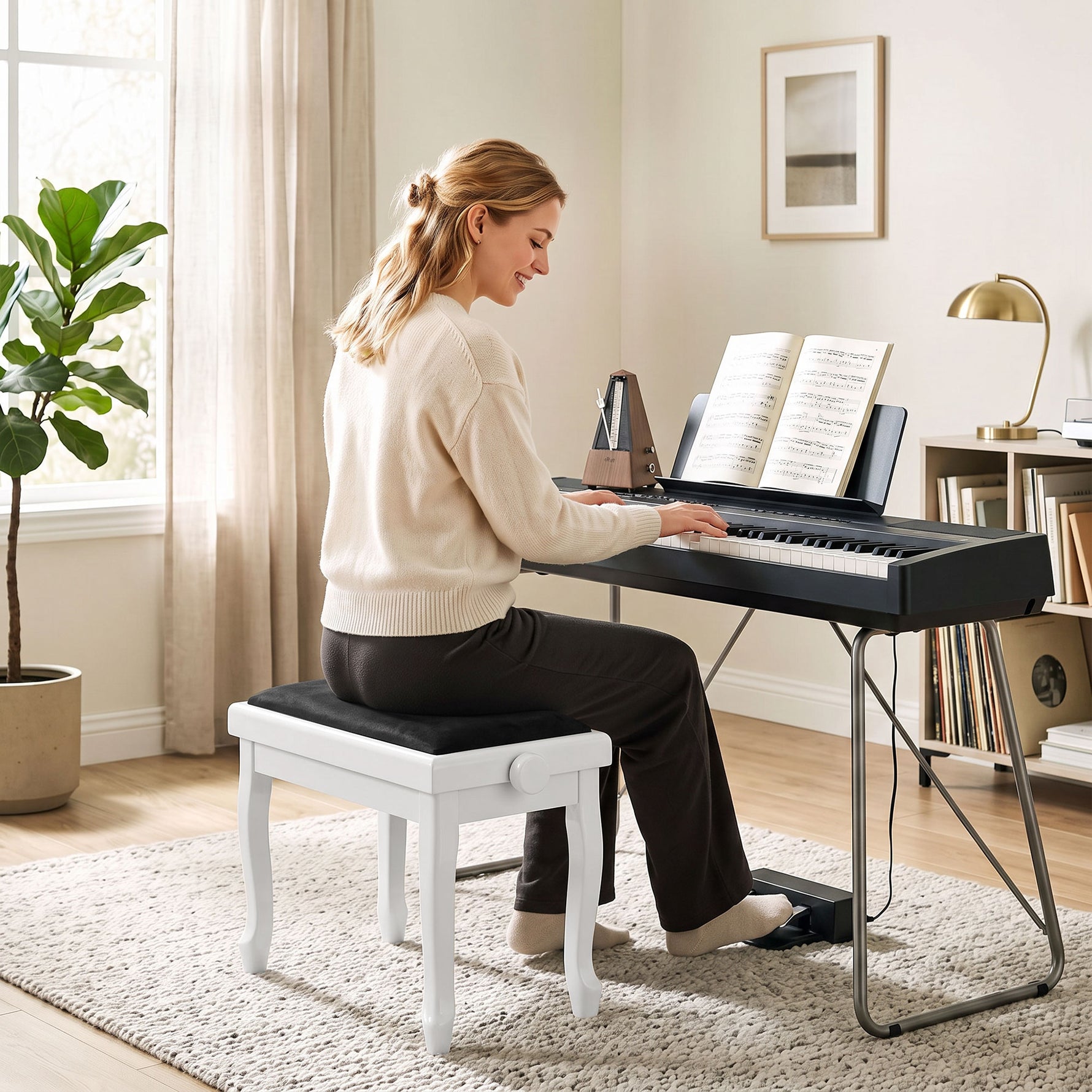 Banc de Piano, Tabouret Piano Réglable en Hauteur 45-56 cm, Banc de Clavier, Siège Rembourré en Velours, Blanc