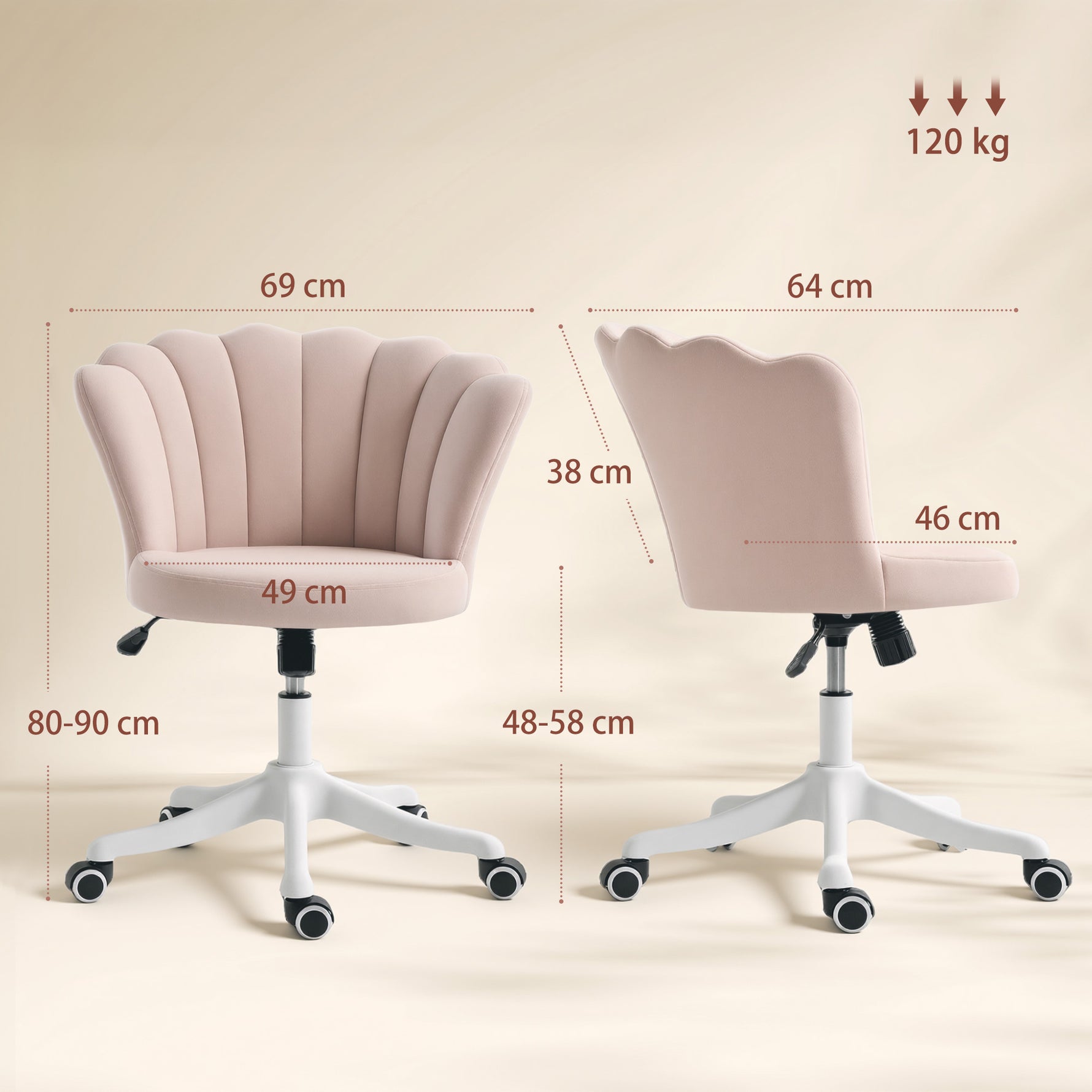 Chaise bureau en velours, chaise coiffeuse avec dossier en pétale, hauteur réglable, 69 x 64 x 80-90 cm, rose