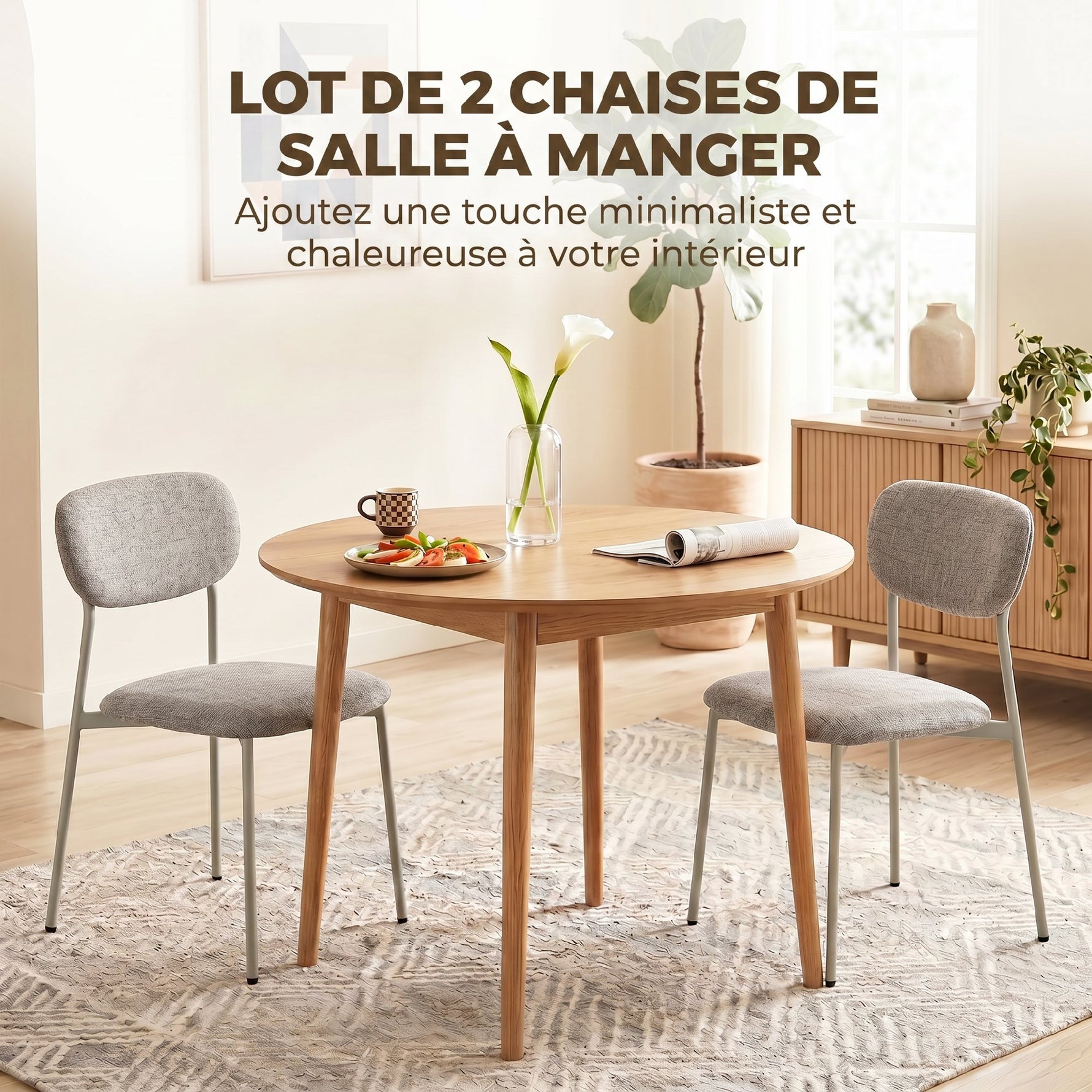 Lot de 2 chaises de salle à manger modernes, chaises de cuisine empilables en tissu effet lin, marron clair