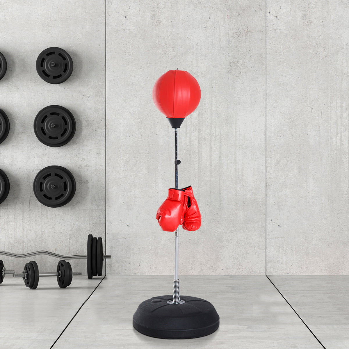 Sac de Frappe sur Pied Punching ball sur pied réglable en hauteur 126-144 cm avec gants, pompe et base de lestage pour adolescents et débutants rouge