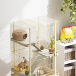 Cage pour lapin enclos à 4 niveaux avec 2 portes 3 rampes plateau profond roulettes 69 x 44 x 120 cm beige
