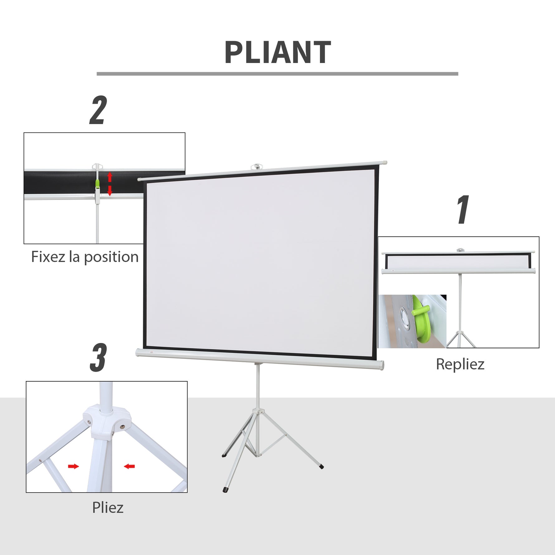 Écran de Projection avec Trépied Pliable 84 Pouces 4K HD 4:3, 180L cm, Écran Vidéoprojecteur, Hauteur Réglable, Angle de Vision 160°, pour Home Cinéma, Films en Intérieur/Extérieur, Blanc