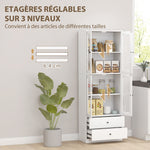 Buffet haut cuisine, armoire de cuisine avec portes vitrées, tiroirs et étagères réglables, 59x30x170cm, blanc brillant