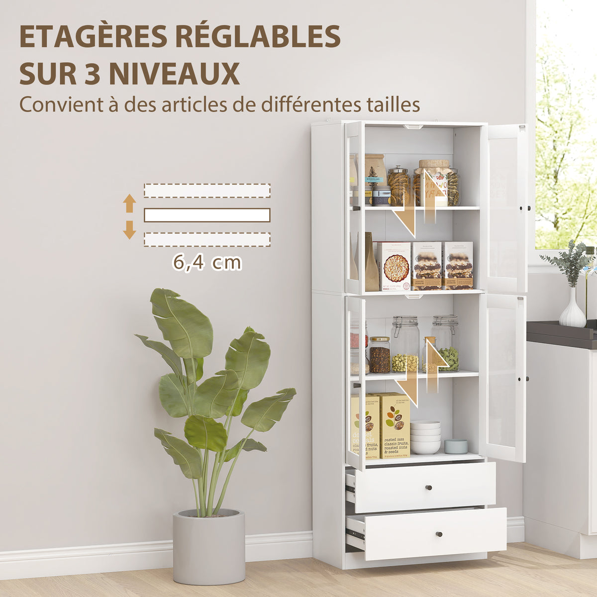Buffet haut cuisine, armoire de cuisine avec portes vitrées, tiroirs et étagères réglables, 59x30x170cm, blanc brillant