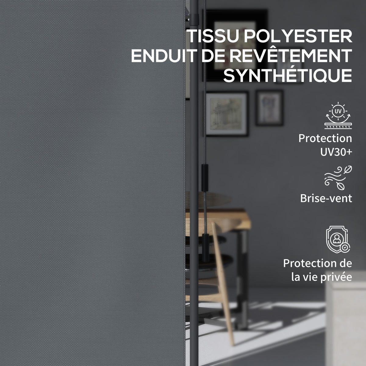Store manuel rétractable sur pied longueur réglable manivelle installation sans perçage métal alu. polyester gris foncé