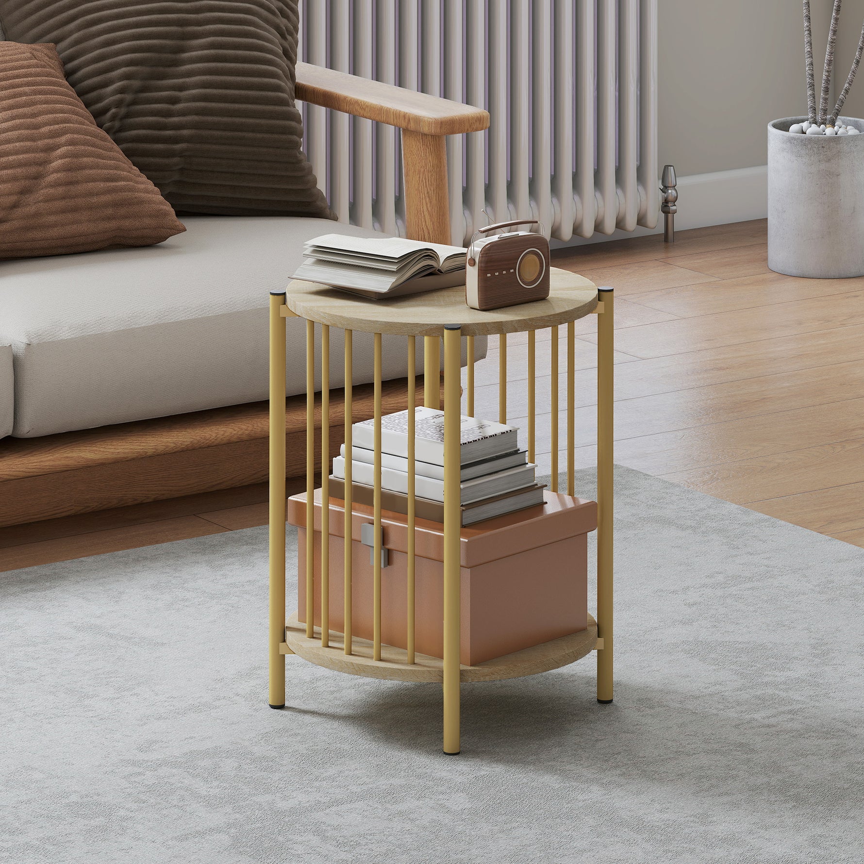 Table d'appoint, bout de canapé à 2 niveaux avec étagère de rangement et cadre en acier, Ø 41 x 49 cm effet bois naturel