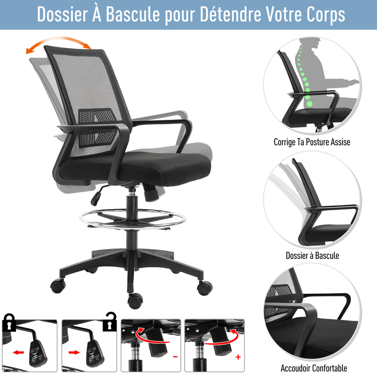 Fauteuil de bureau chaise de bureau assise haute réglable dim. 64L x 59l x 104-124H cm maille respirante noir