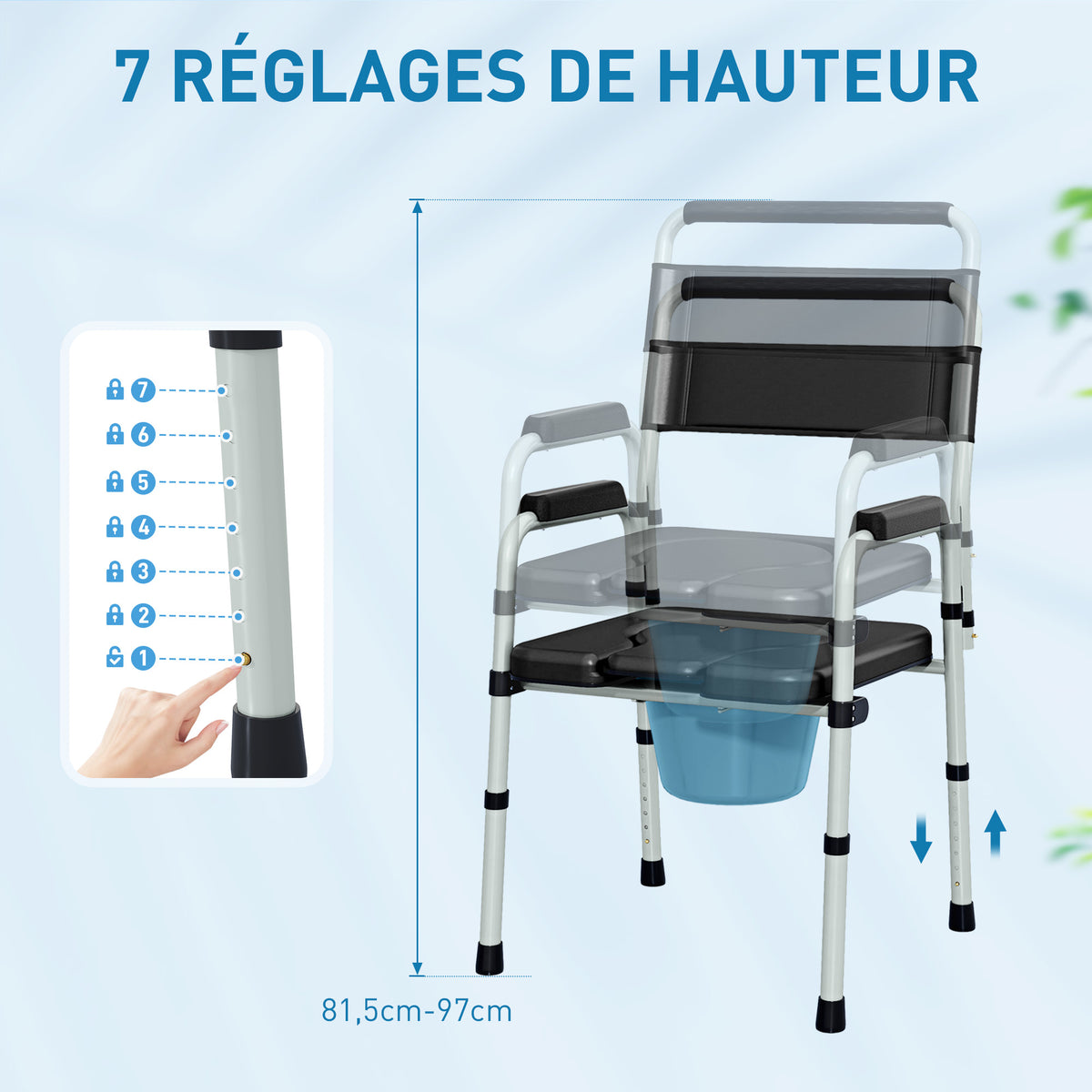 Silla inodoro plegable antideslizante de altura regulable, asiento y reposabrazos acolchados, carga 150 kg, negro