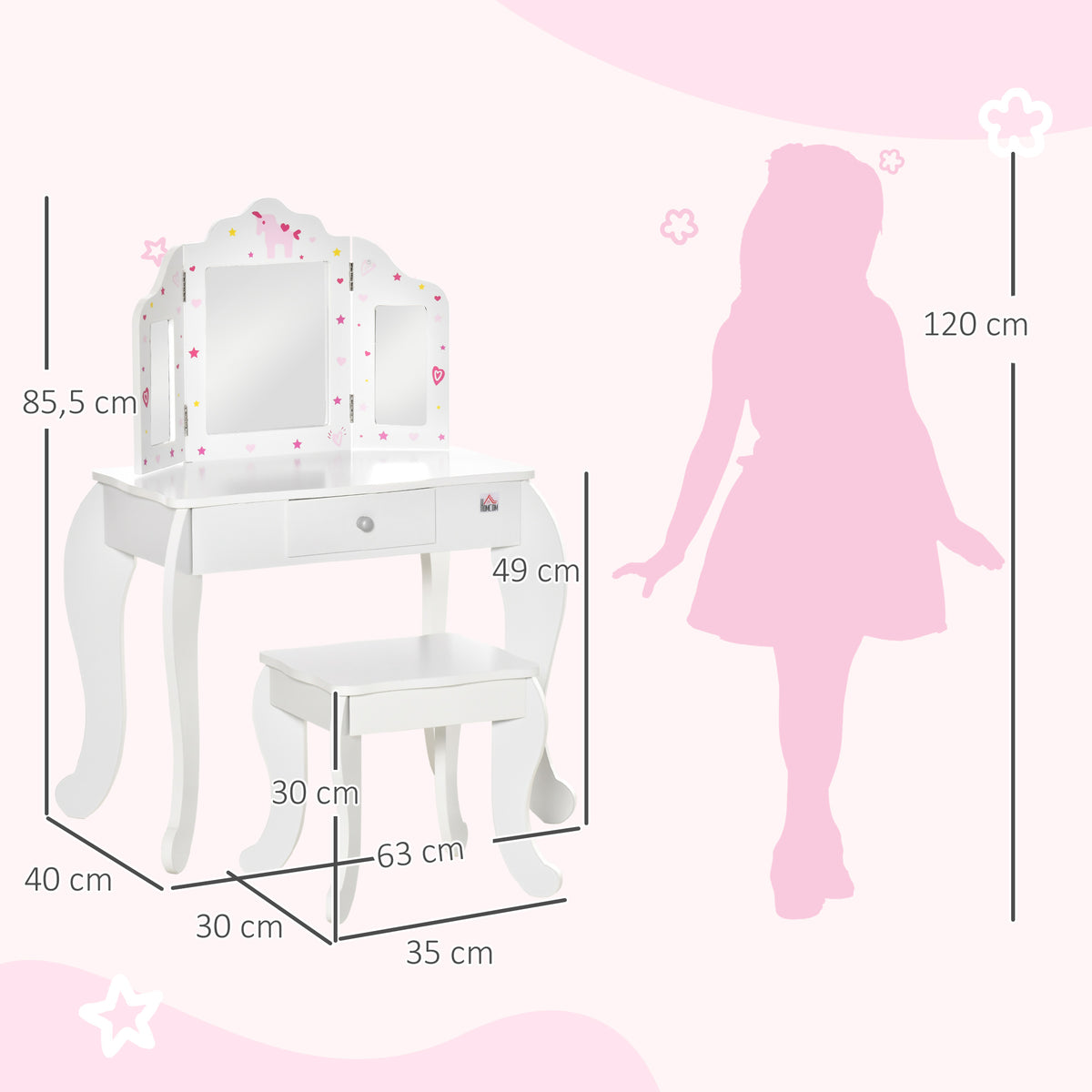 Coiffeuse Enfant avec Tabouret, Miroir triptyque et tiroir Coulissant - Coiffeuse dim. 63L x 40l x 85,5H cm