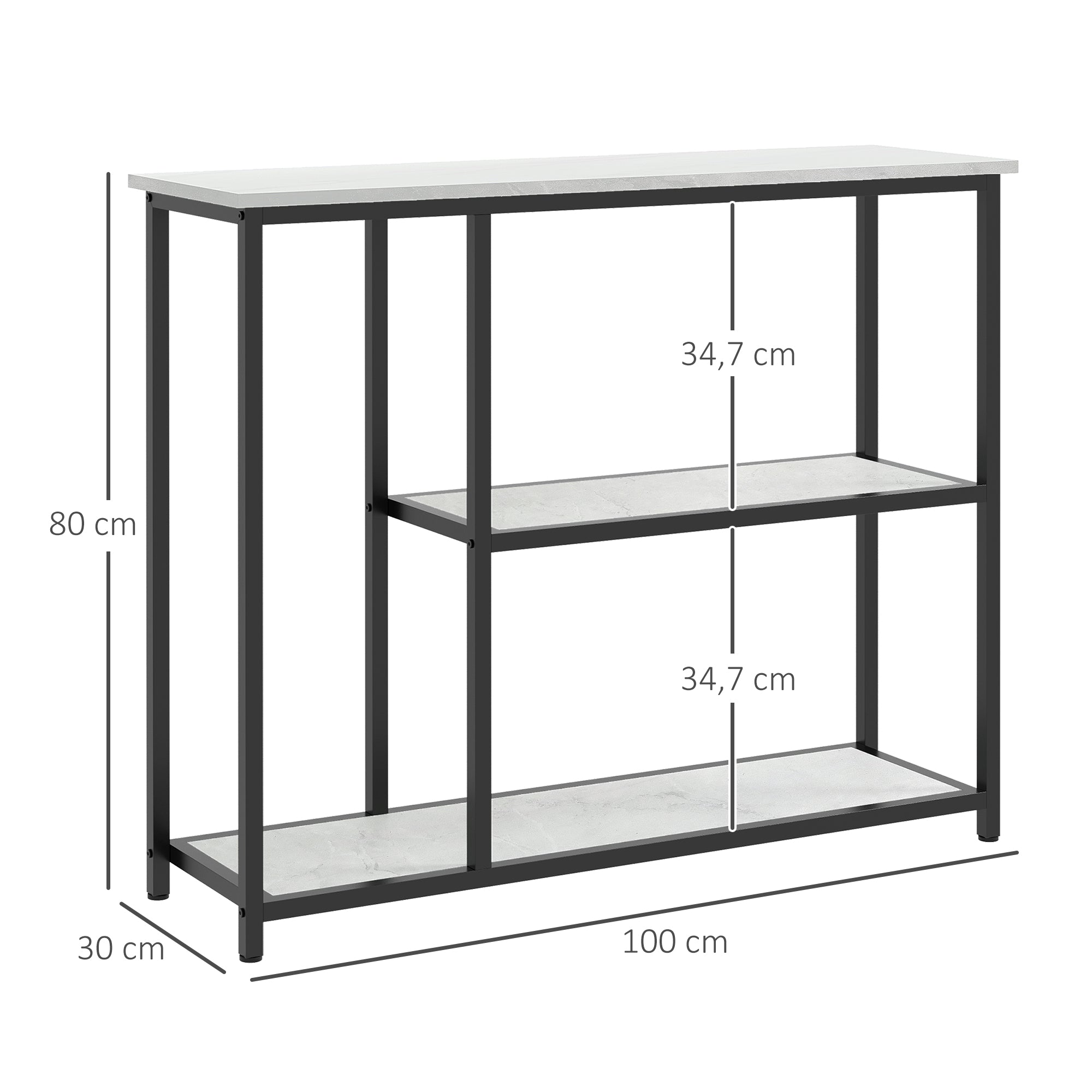 Console meuble 100 cm, table console 3 niveaux, plateaux en effet marbre, cadre en acier, blanc