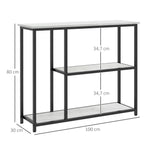 Console meuble 100 cm, table console 3 niveaux, plateaux en effet marbre, cadre en acier, blanc