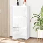 Meuble à Chaussures Armoire à chaussures 3 Portes abattantes 3 Compartiments en bois 60L x 26I x 124H cm Blanc laqué