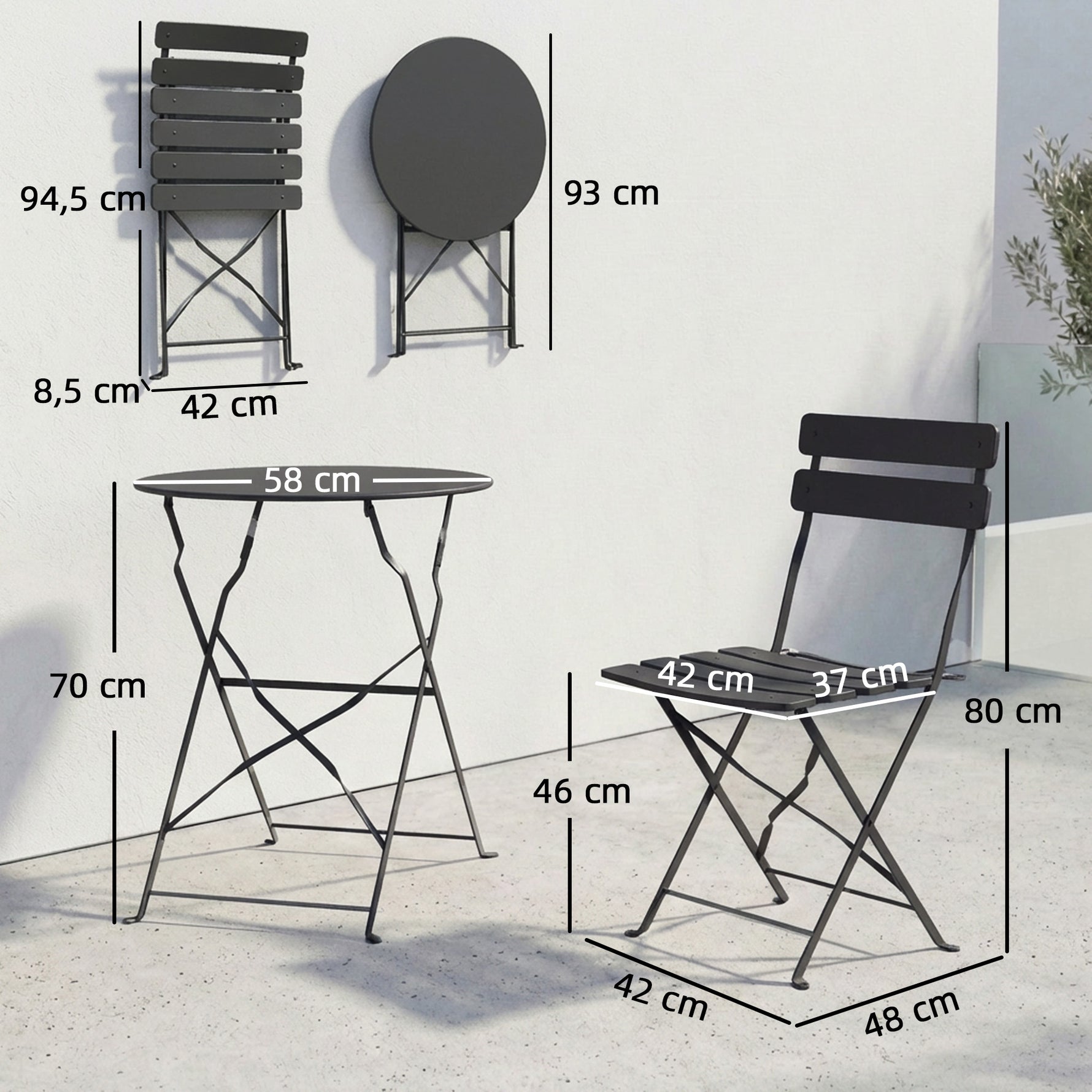 Ensemble Bistrot de Jardin 3 Pièces Table et 2 Chaises Pliantes à Lattes Double Protection Antirouille Noir