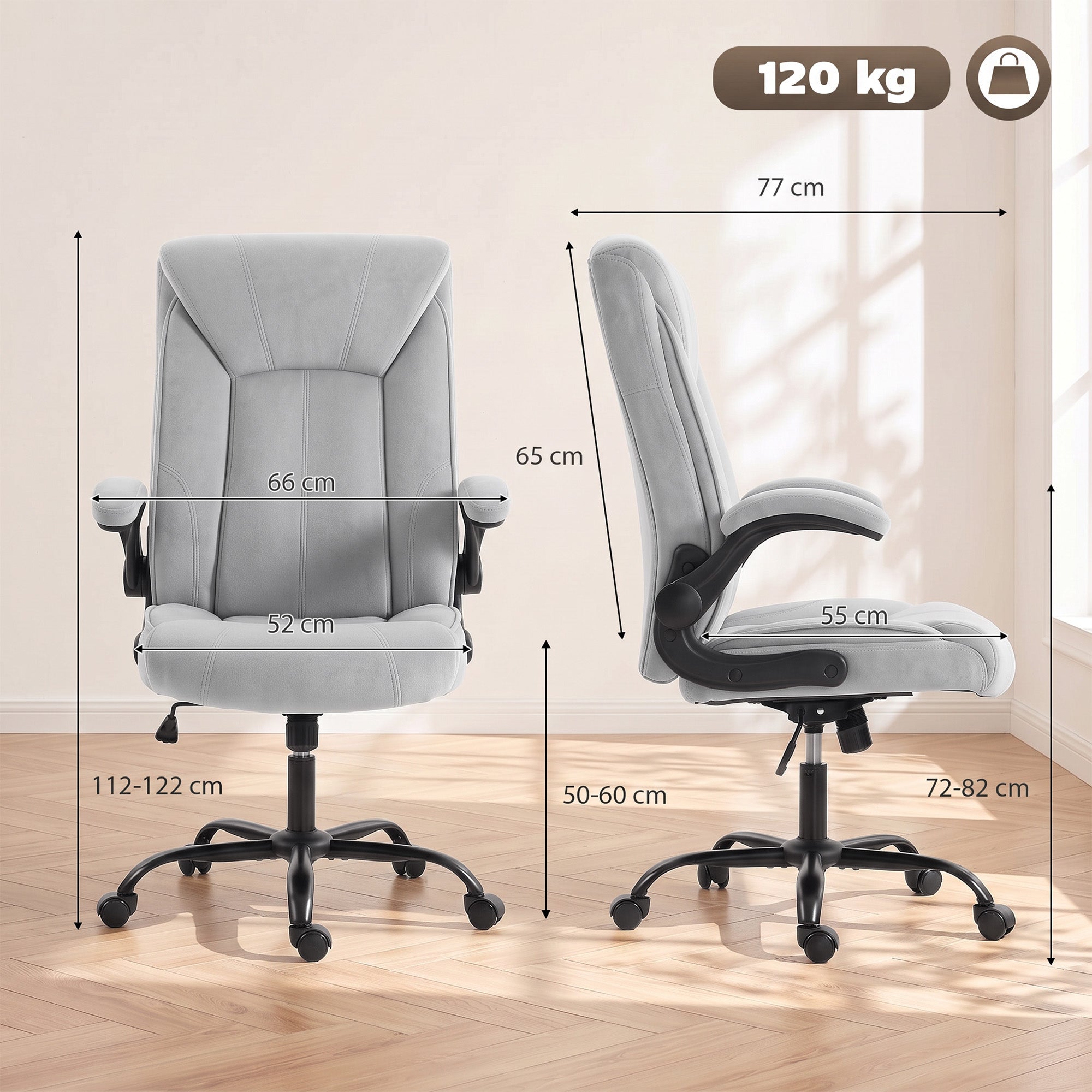 Sedia da ufficio ergonomica in tessuto di flanella, altezza regolabile, basculante, braccioli sollevabili, 66x77x122 cm, grigio chiaro