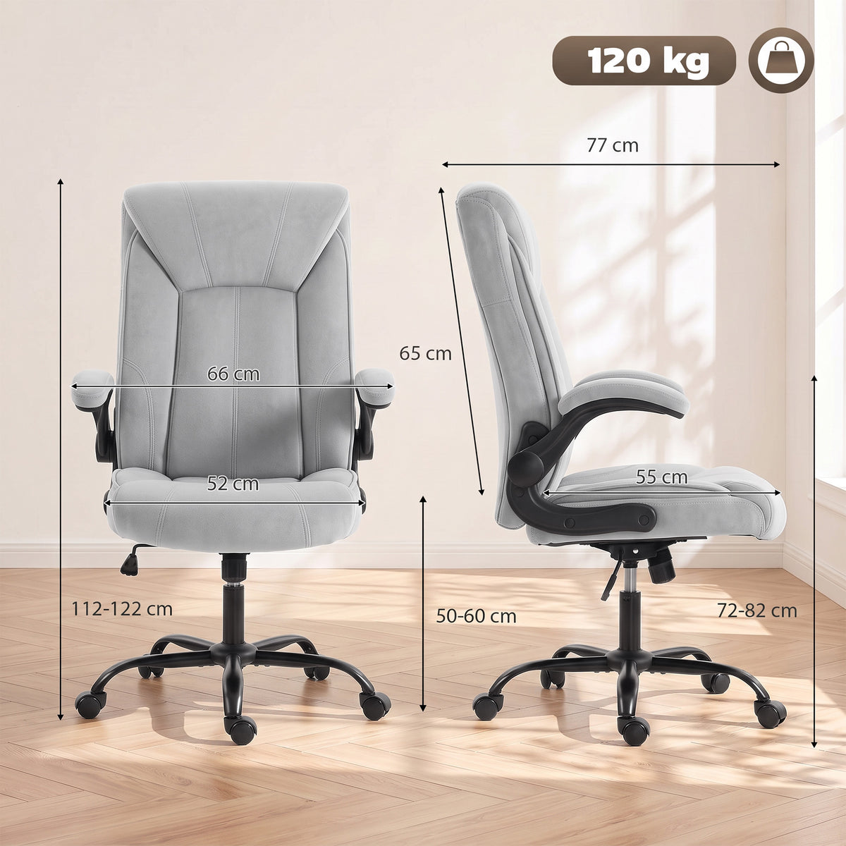 Silla de oficina ergonómica de tela de franela, altura ajustable, reclinable, reposabrazos abatibles, 66x77x122 cm, gris claro
