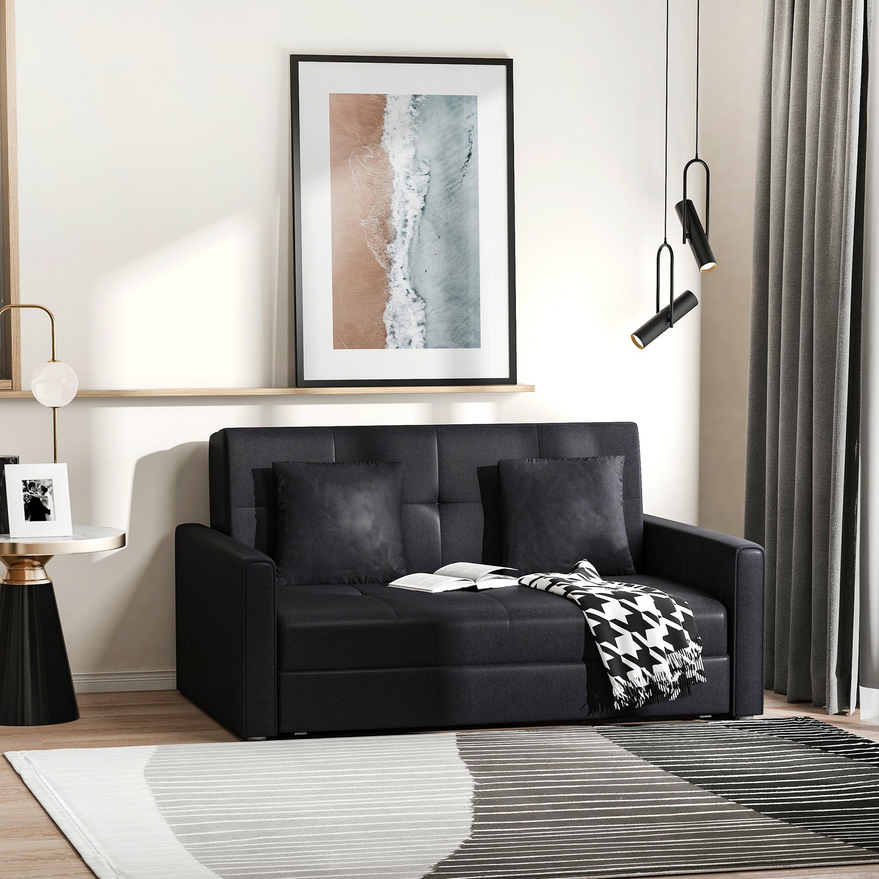 Canapé-lit 2 places convertible 2 en 1 avec 2 coussins et coffre de rangement intégré 152 x 101 x 81 cm gris foncé