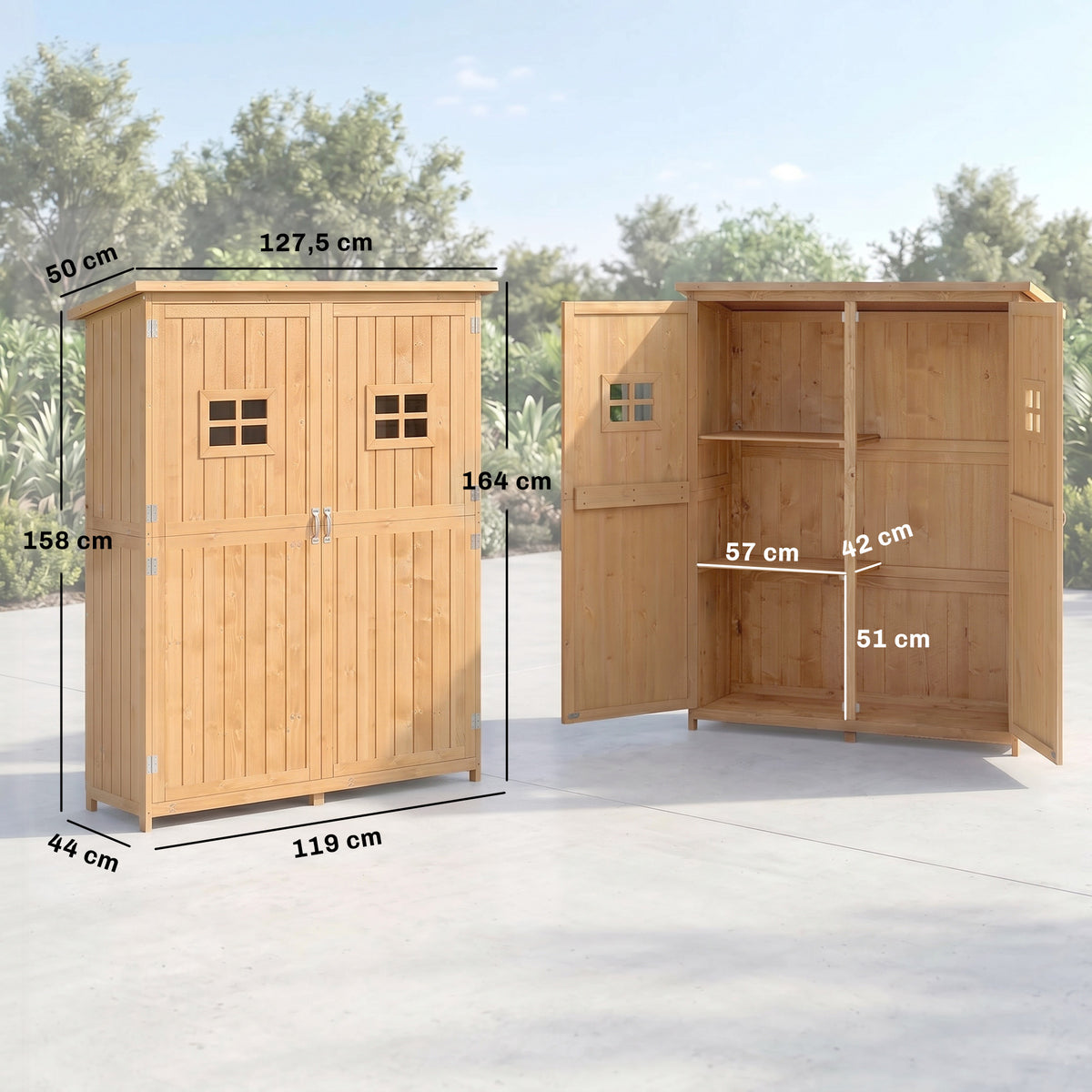 Casetta da giardino in legno Armadio da giardino dim. 127,5L x 50P x 164A cm 2 ripiani 2 ante 2 finestre Tetto bitumato impermeabile Legno massello di abete pre-oliato legno naturale
