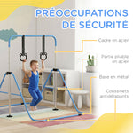 Barre de gymnastique pour enfants, barre horizontale pliable à hauteur réglable avec anneaux de gymnastique, bleu