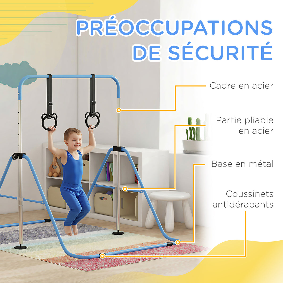 Barre de gymnastique pour enfants, barre horizontale pliable à hauteur réglable avec anneaux de gymnastique, bleu